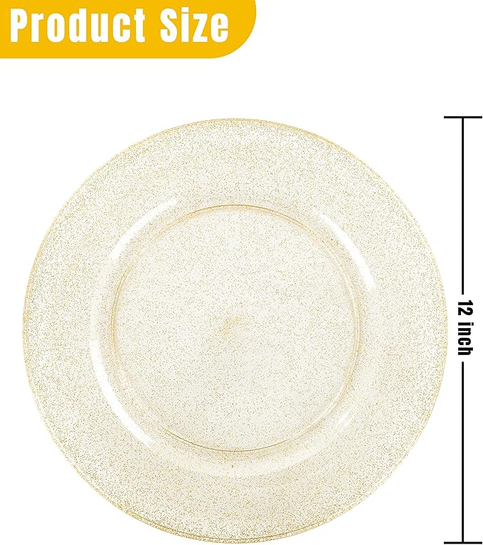 WDF 25PCS Glitter Gold Charger Plates - 12inch Gold Charge for Dinner - Plastic Chargers for Wedding Baby Shower Spring Birthday