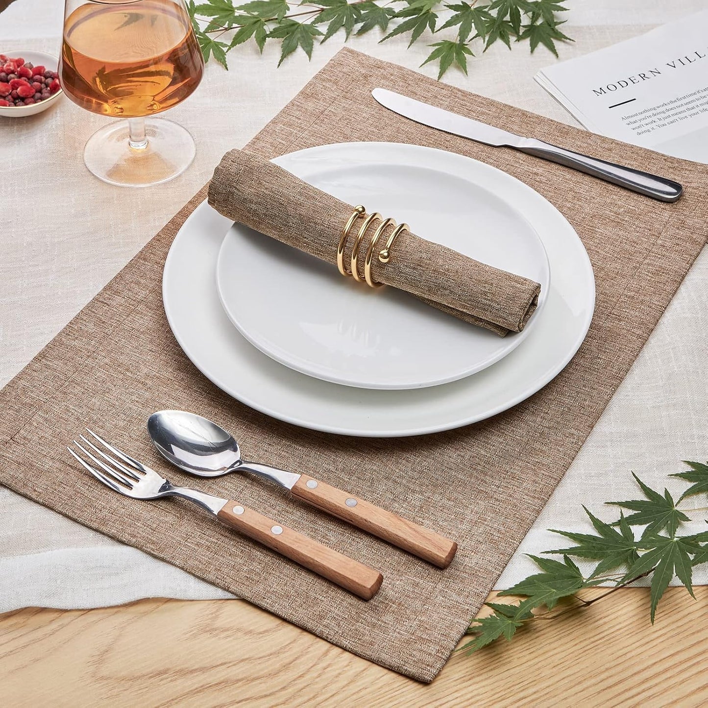Mebakuk Cloth Placemats, Machine Washable Linen Style Thick Place Mats, Heat Resistant and Easy to Clean Fabric Table Mats for Kitchen Dining Table (Flaxen, Set of 4)
