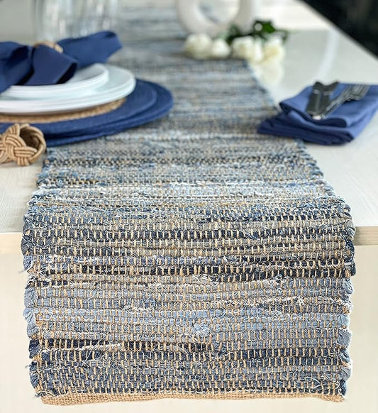 Chardin Home 14x72 Inch Handcrafted Table Runner – Natural Jute and Denim Chindi – Rustic Boho Farmhouse Table Decor – Sustainable Dining Table Accent for Everyday or Special Occasions