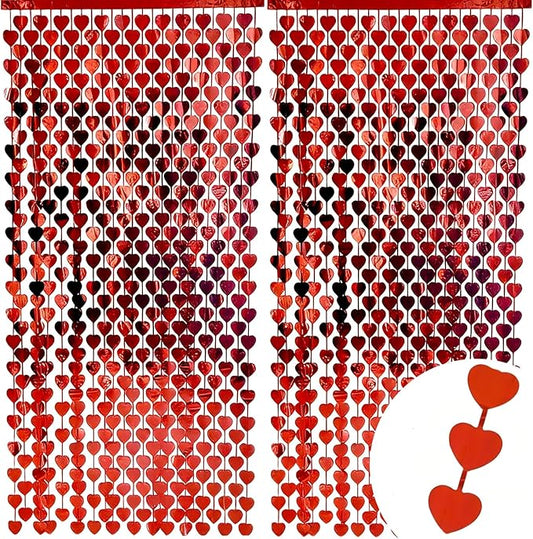 Red Heart Metal Foil Streamers Curtains, 2 Pcs 3.3x6.6ft Valentine's Party Decorations - Heart Pattern Backdrop for Engagement, Wedding & Birthday Photo Props