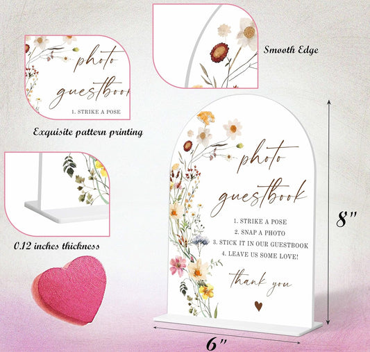 Photo Guest Book Sign, Wedding Guest Book Alternative, Flower Style Bridal Shower Signs for Engagement, Bridal Shower and Reception, Wedding Shower Favors, 6X8 Inch Acrylic Arch Sign with Stand,12