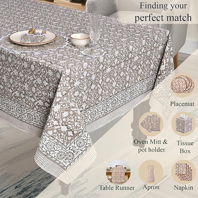 Ridhi Hand Block Print Taupe Rectangle Cotton Tablecloth 140" x 72" Reusable Table Cover Decorative Everyday Use for Dining, Farmhouse, Home Gift for Spring, Easter, Valentine