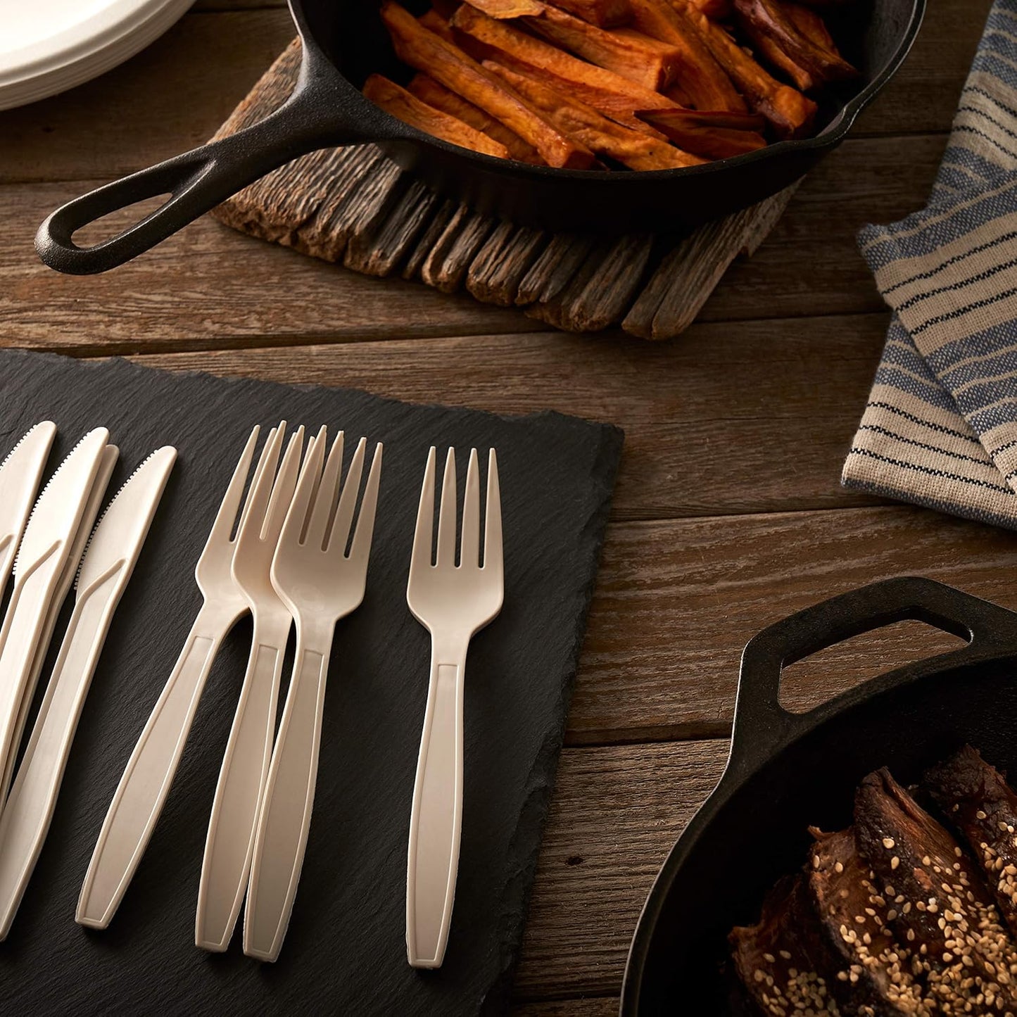 250 Piece Biodegradable Paper Plates Set (EXTRA LONG UTENSILS), Disposable Dinnerware Set, Eco Friendly Compostable Plates & Utensil include Plates, Forks, Knives and Spoons for Party