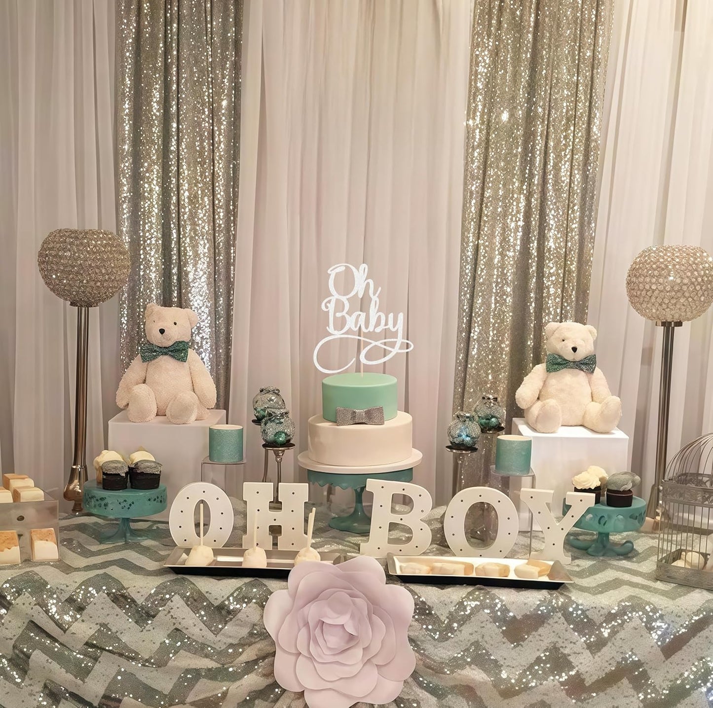 Oh Baby Cake Topper - Silver Glitter Baby Birthday Party Cake Decoration Supplies, for Baby Shower/Gender Reveal Party Photo Booth Props