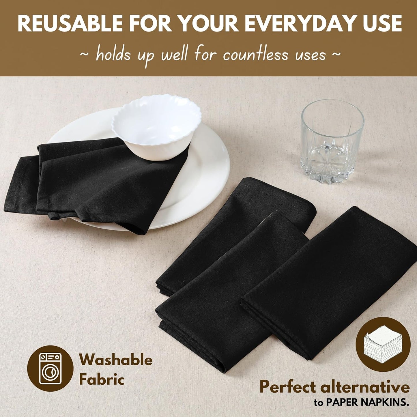 Native Fab Cloth Napkin Set of 12, 100% Cotton, Washable, Reusable Dinner Cloth Napkin 17x17 inches, Table Decor Napkins for Dinner, Events, Black