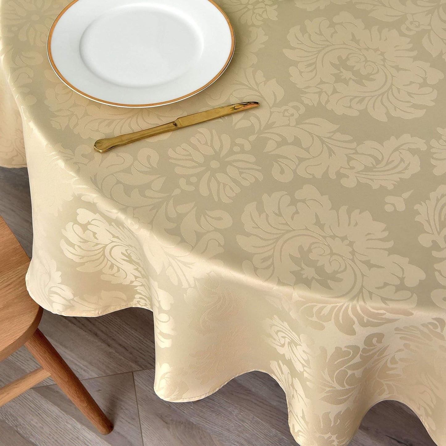 maxmill Jacquard Round Table Cloth Damask Design Waterproof Antiwrinkle Heavy Weight Soft Tablecloths for Circular Table Cover and Kitchen Dinning Tabletop Round 70 Inch Beige