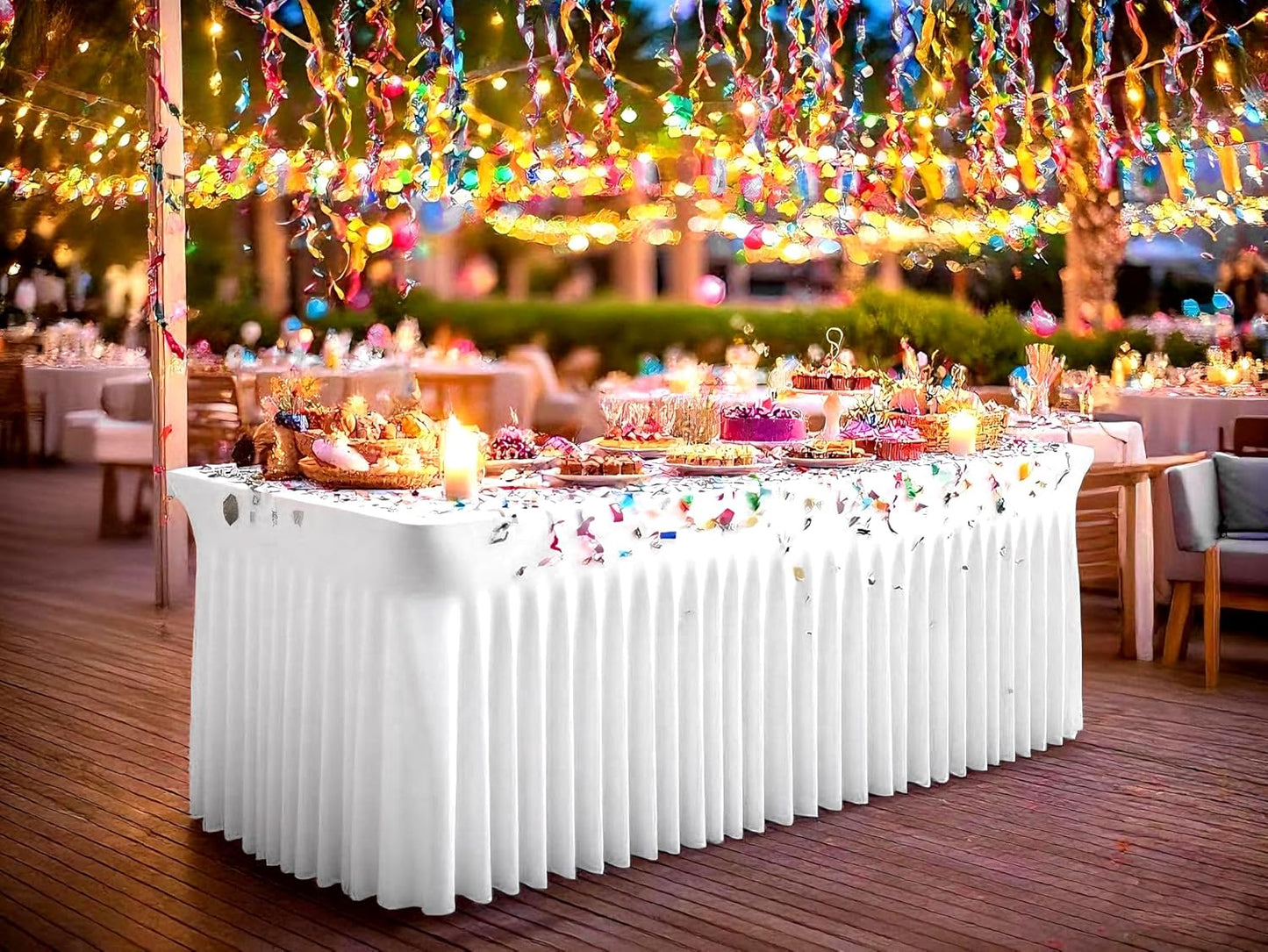 6 Packs White Stretch Table Skirts for 8 Foot Rectangle Table, Washable Spandex Stretch Tablecloths with Skirt, Wrinkle Resistant Fitted Tablecover for Wedding Party Banquet