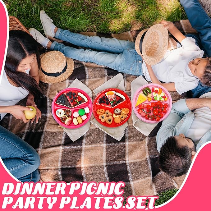 50 Pcs 10 Inch Plastic 3 Compartment Divided Plates Heavy Disposable Round Dinner Plates with Dividers for Wedding Birthday Party Dinnerware (Red, Pink)