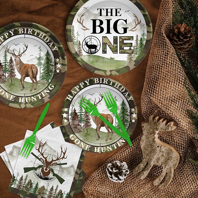 96Pcs Hunting Camo Birthday Party Decorations Hunting Camo Party Plates Disposable The Big One Paper Tableware Set for Gone Hunting Themed 1st Birthday Party Supplies, Serves 24