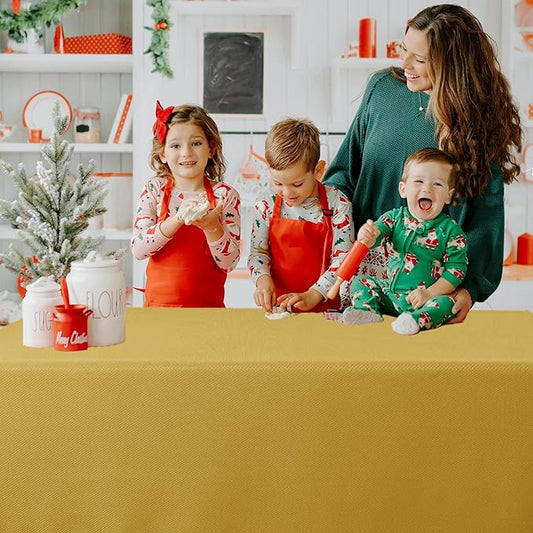 Biscaynebay Textured Fabric Rectangle Christmas Tablecloths 90x156 Inch, Gold Water Resistant Tablecloths for Dining, Kitchen, Wedding, Parties etc. Machine Washable