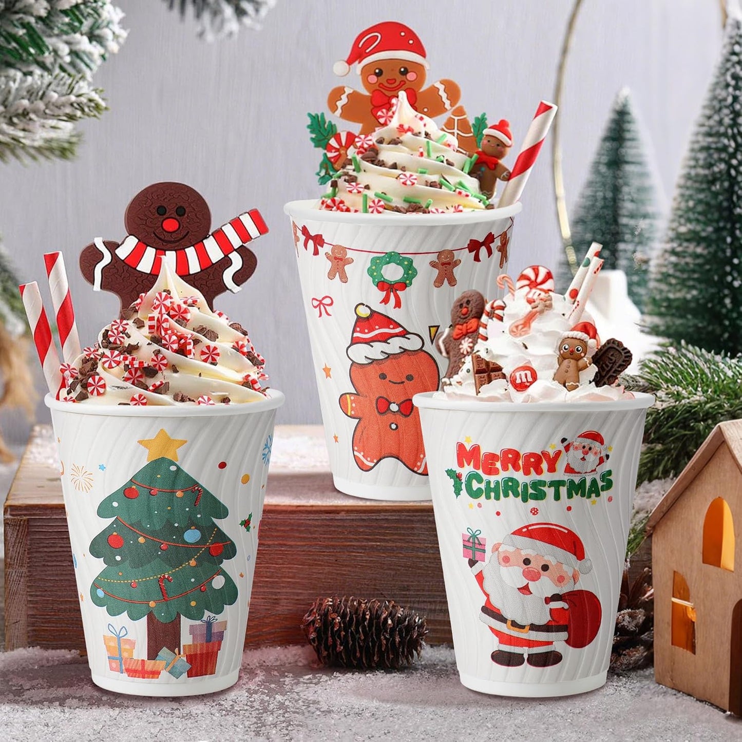 90 Pack Christmas Coffee Cups 12 oz No Lids, Disposable Insulated Paper Coffee Cups, Corrugated Ripple Wall Design Paper Cup, Hot Cold Drinking Cup for Party, Home, Events