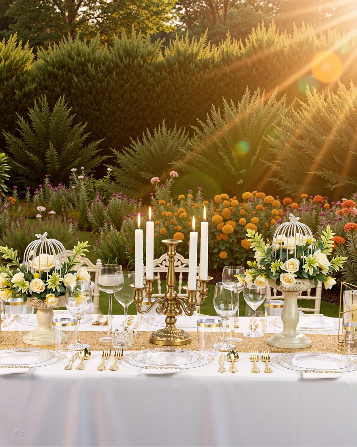 Nervure 175PCS Clear Gold Plastic Plates - Gold Disposable Dinnerware Set for 25 Guests Include 50 Disposable Plates, 75 Plastic Silverware, 25 Cups, 25 Napkins for Wedding & Party & Thanksgiving