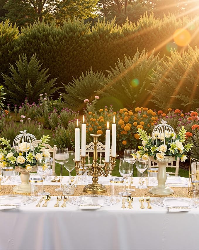 Nervure 175PCS Clear Gold Plastic Plates - Disposable Gold Party Plates & Pre Rolled Napkins with Cutlery for 25 Guests, 50Plates, 75Silverware, 25Cups, 25Napkin for Wedding & Party