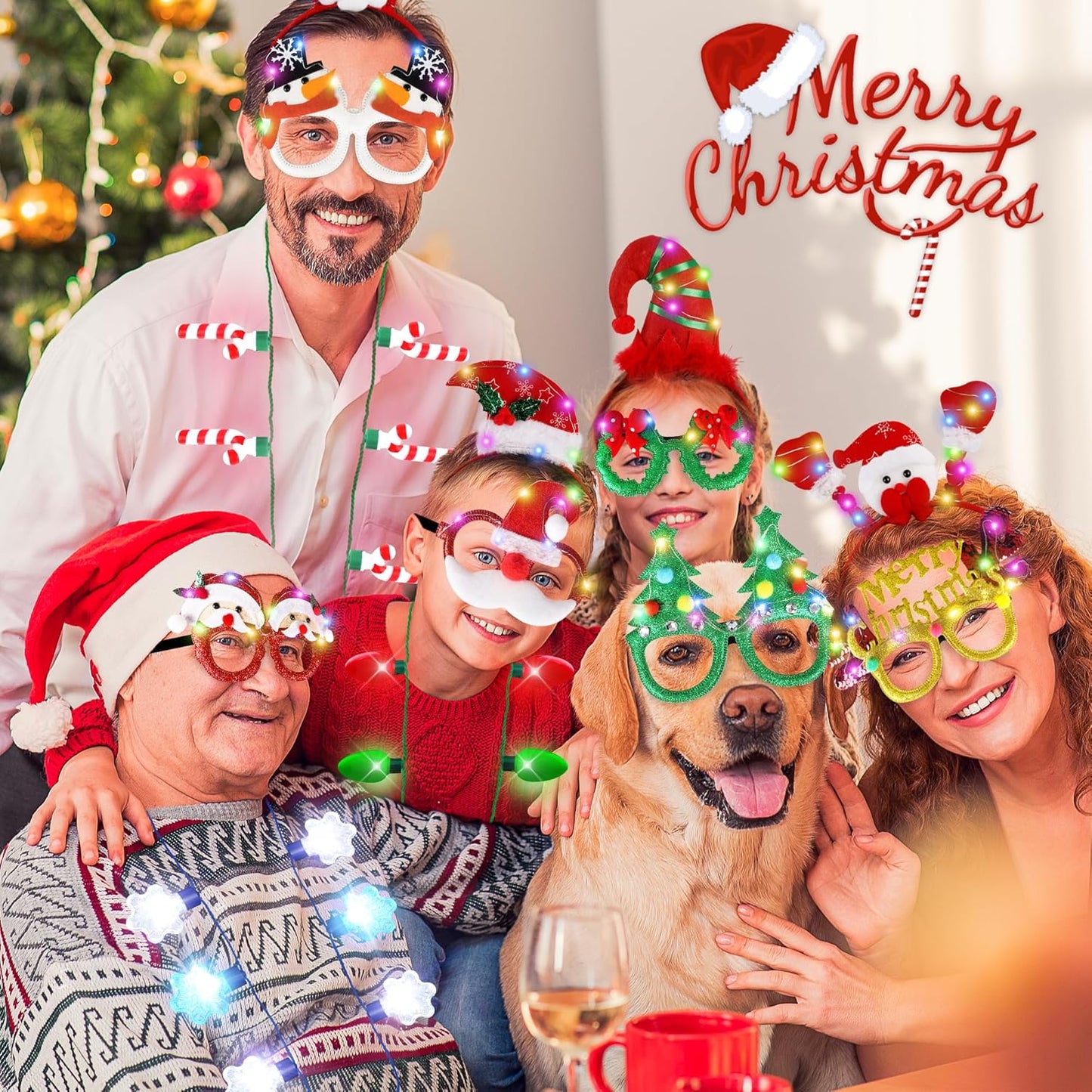 24 PCS Christmas Party Favors, Light Up Candy Cane Snowflake Tree Bulb Necklace LED Headwear Glow Eyeglasses Set for Bulk Xmas Gifts, Christmas Ugly Sweater Party Supplies, Christmas Accessories