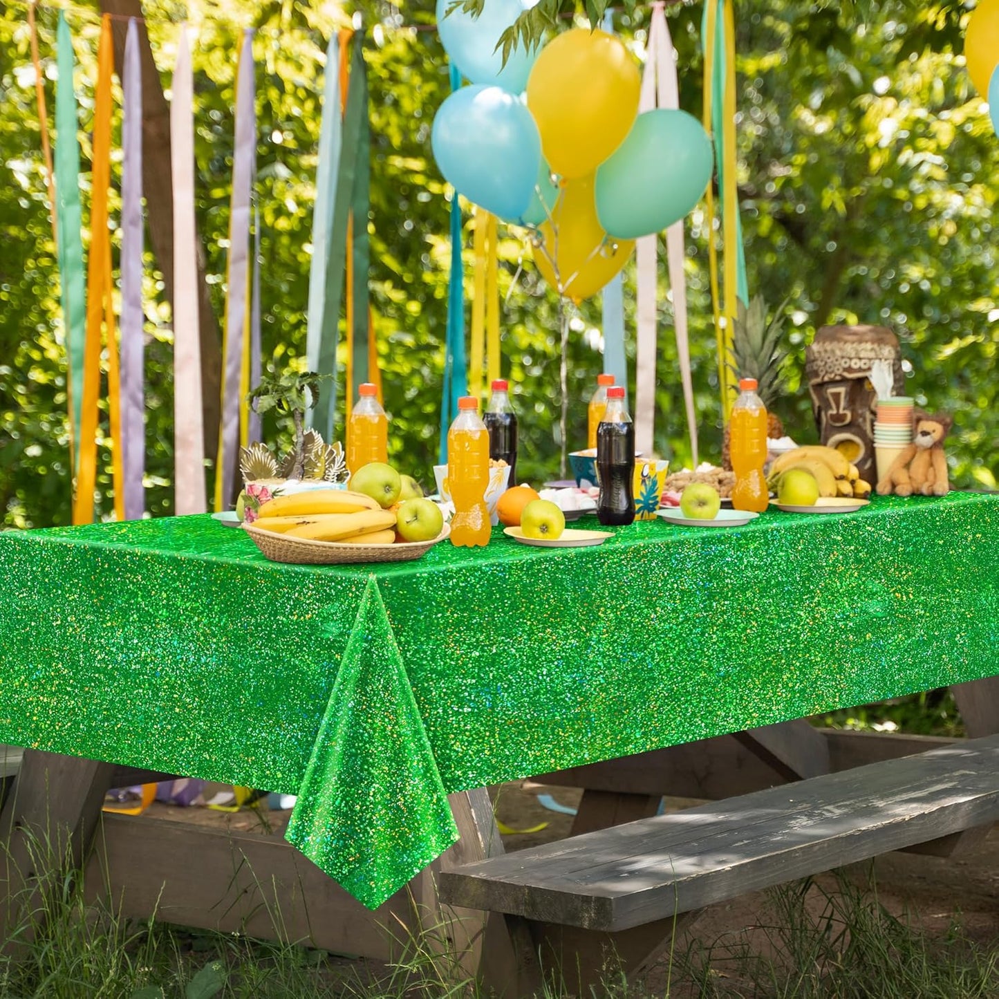 4 pcs Green Holographic Laser Tablecloth 40" x 108" Christmas Table Cloth Shimmer Shining Plastic Metallic Table Cover for Jungle Safari Wild One Baby Shower Birthday Party Decoration Supplies
