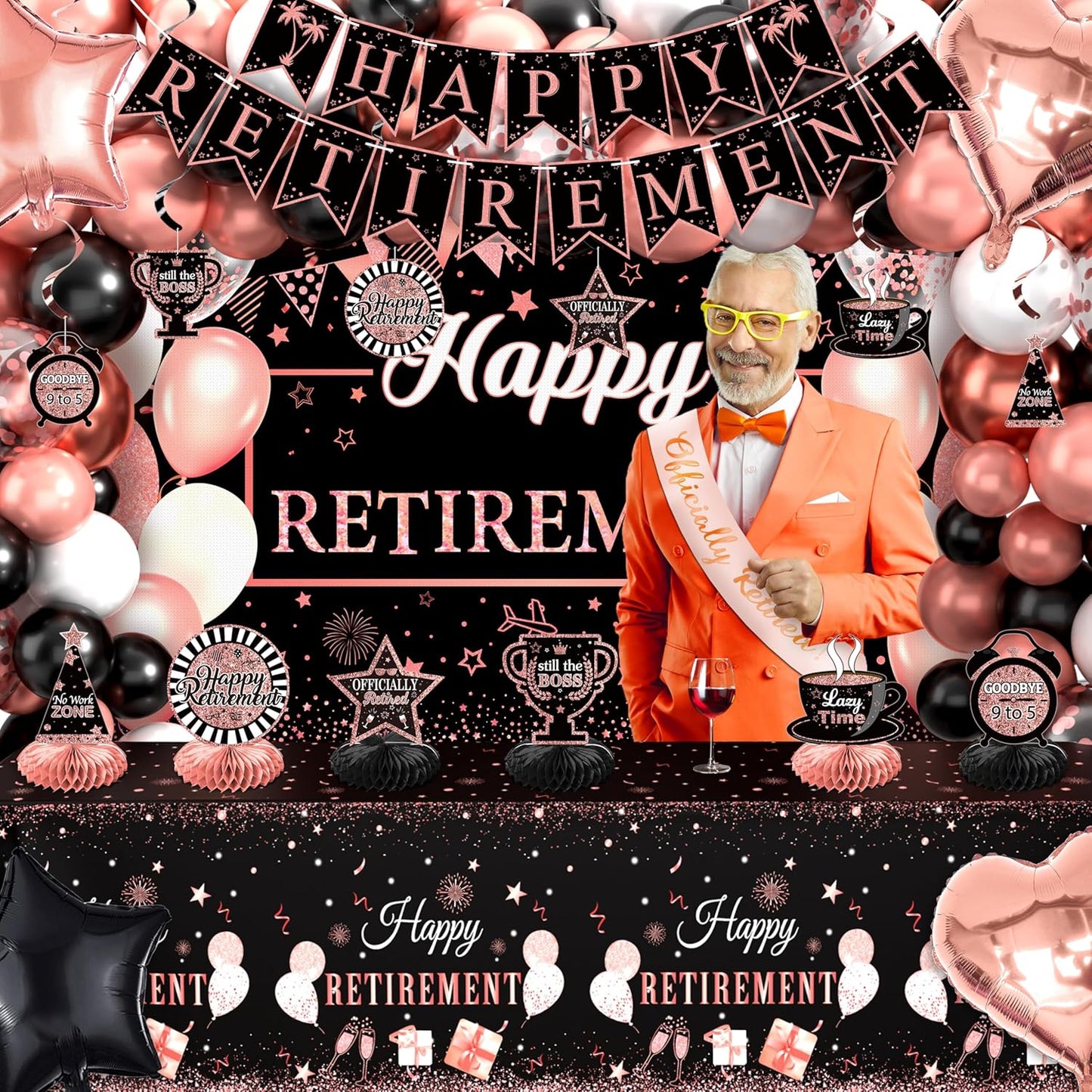 Retirement Party Decorations for Women 109Pcs Rose Gold Black Happy Retirement Decorations Retired Banner Backdrop Balloons Sash Hanging Swirls Pompoms Tablecloth Honeycomb Centerpiece(Rose Gold)