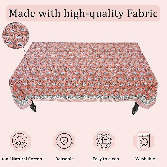 Ridhi Hand Block Print Dark Salmon Pink Rectangle Cotton Tablecloth 108" x 70" Reusable Table Cover Decorative Everyday Use for Dining, Farmhouse, Home Gift for Spring, Easter, Valentine