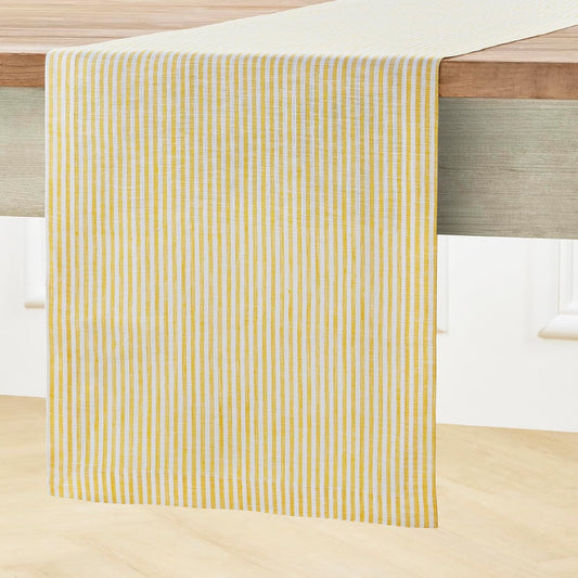 Solino Home Linen Table Runner 132 Inches Long - Narrow Stripe, 100% Pure Linen Spicy Mustard and White Table Runner 14 x 132 Inch for Dining