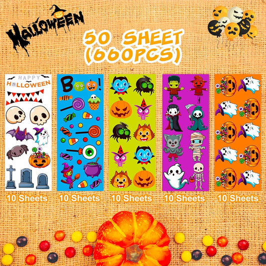 Irichna 50-Sheet Halloween Stickers - 660pcs, Vinyl Waterproof Spider Bats Pumpkin Stickers for School and Party