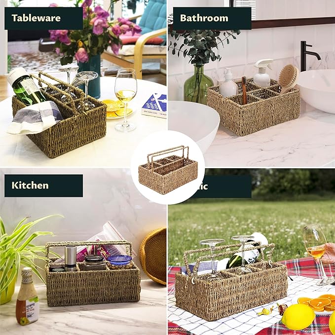 PEMAR Large L-Sized Hand Woven Utensil Caddy Carrier, Natural Jute Wicker Condiment Holder for Table, Kitchen Set Counter Top Silverware Organizer, Rustic Storage Forks, Spoons (Seagrass)