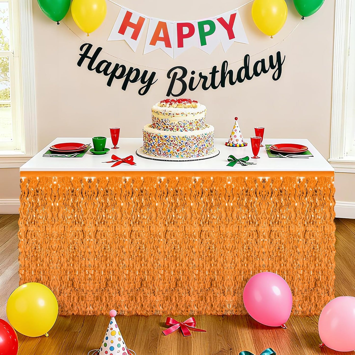 2 Pack Halloween Table Skirt Decor, Orange Fall Foil Grass Skirt for Table, Metallic Wavy Tinsel Foil Fringe Table Skirts, Table Curtain Skirts Thanksgiving Graduations Wedding Birthday Indoor Party