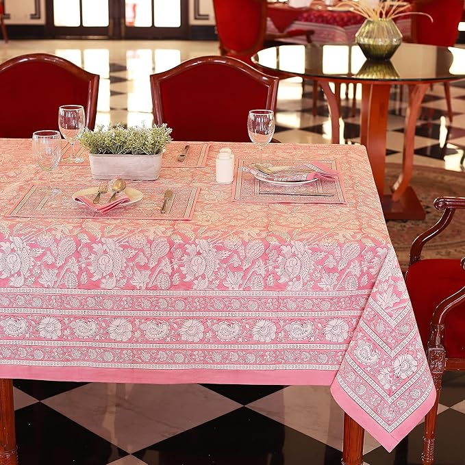 Labhanshi Indian Handblock Print Floral 100% Cotton Pre-Washed Canvas Rectangle Table Cloth|72x135 Inch 10-Seater Large Decorative Table Cover|Spring Easter Festive Holiday Decor|Pink Rose