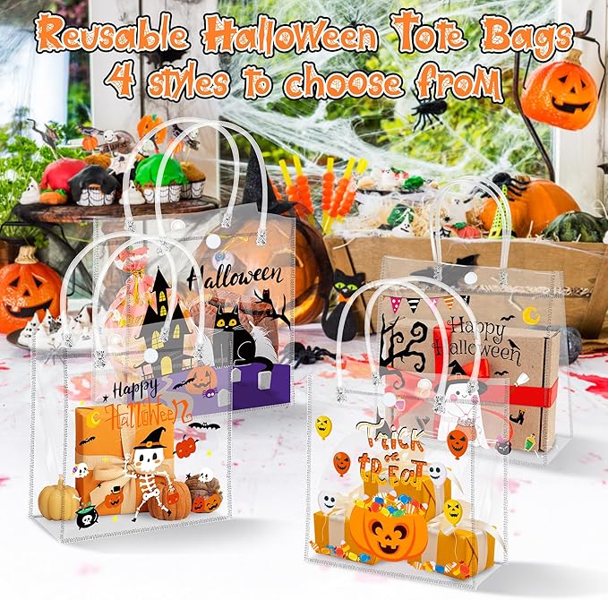 H1vojoxo Halloween Themed Gift Bags - 24PCS Happy Halloween Clear PVC Bags with Handle Reusable Trick or Treat Goodie Treat Candy Tote Bag for Kids Pumpkin Ghost PVC Tote Bag for Party Decoration