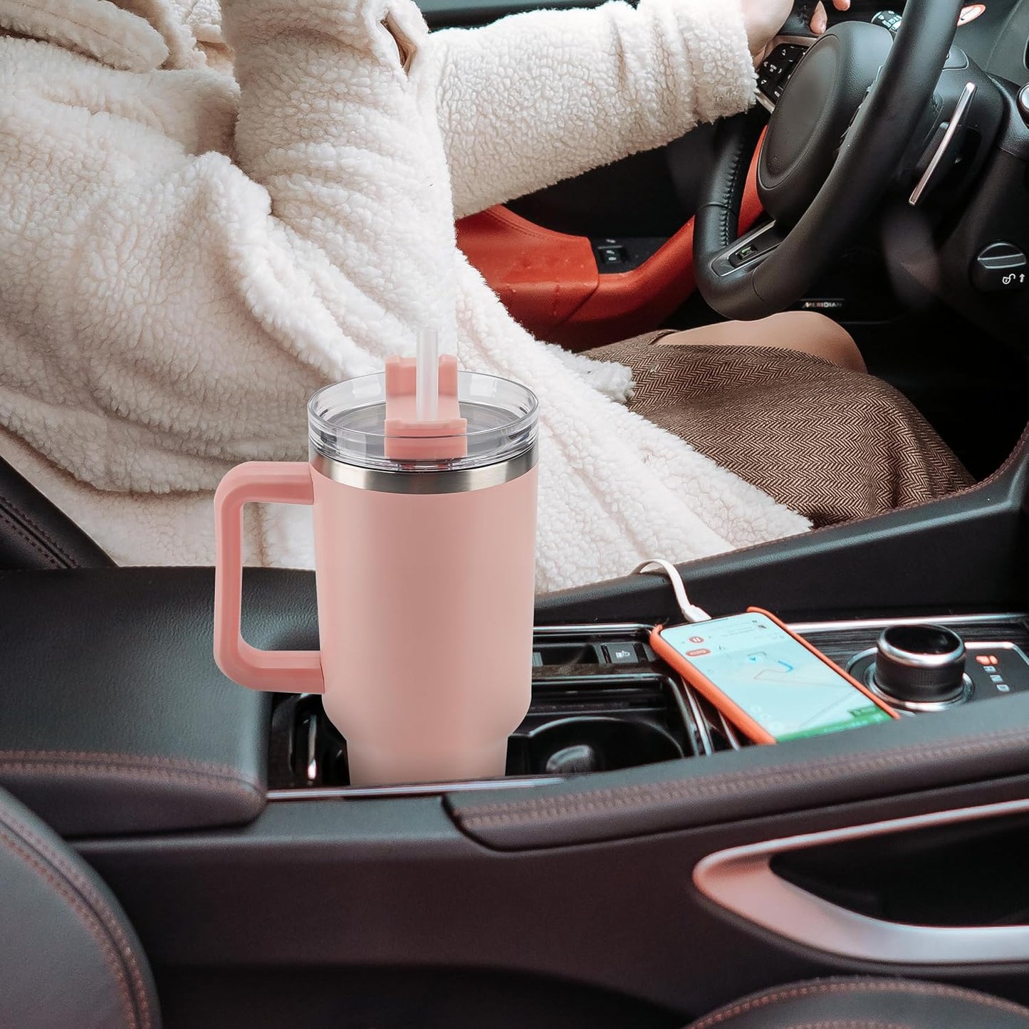 40 oz Tumbler with Handle and Straw Spill Proof Large Travel Coffee Mug Insulated Reusable Stainless Steel Cup with Lid Fit for Car Cup Holder(Pink)