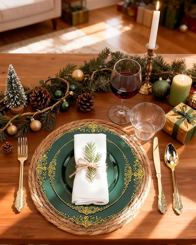 Nervure 100Pcs Green and Gold Plastic Plates - 7.5inch Green Disposable Plates - Heavyweight Gold Plastic Plate - Dessert Plate for Wedding & Party