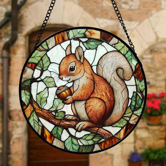 Stained Glass Window Hanging, Squirrel on a Branch Suncatcher Diamond Glass Panel Animal Sun Catchers Decor for Birthday for Women, Men, Wife, Aunt, and Mom 6.3 in