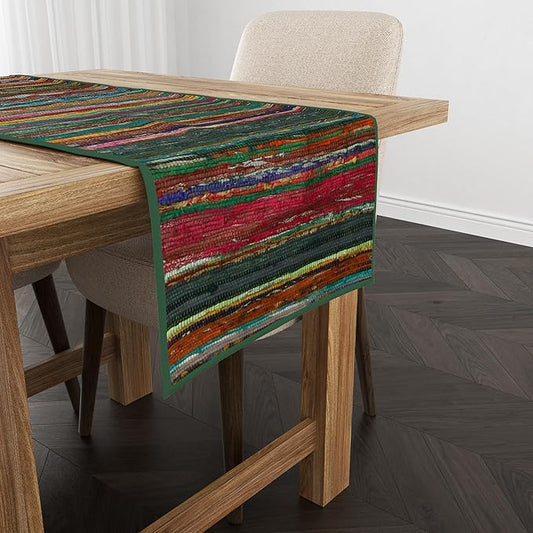 Trade Star Handloomed Table Placemat Reversible Bedside Runner Designed Area Rug Runner Decorative Upcycled Fabric Highly Durable Premium Quality Table Runner (Green)