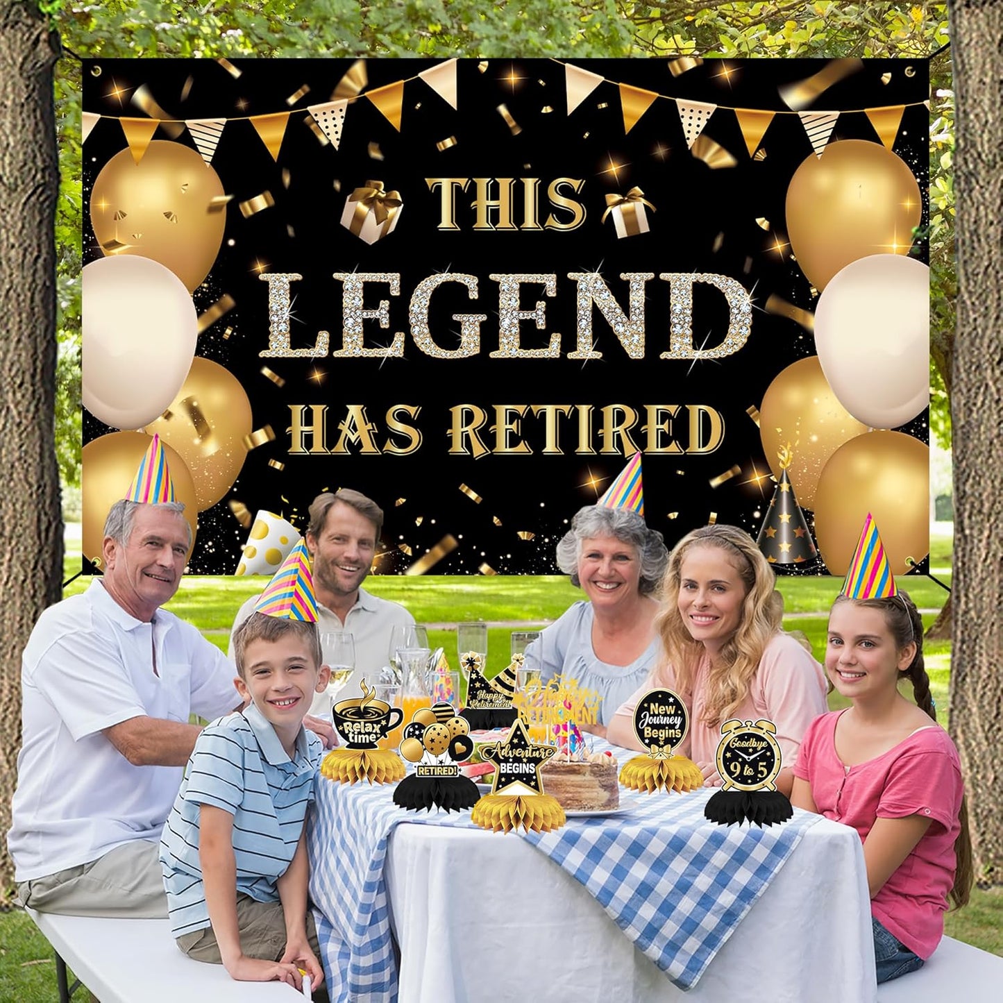 DARUNAXY Black Gold Retirement Party Decorations, This Legend Has Retired Banner Congratulations Quitter Hanging Swirl Honeycomb Confetti Balloons Black & Gold Tissue Paper Pom Poms & Cake Topper