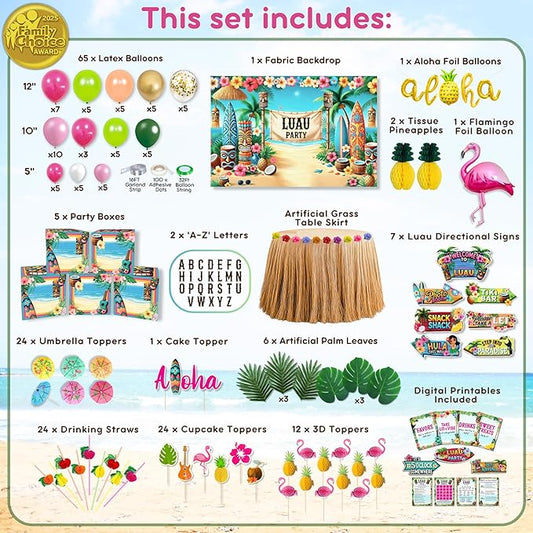180 pc Premium Luau Party Decorations Set – Hawaiian Birthday Party Decor with Balloons, Backdrop, Table Skirt, Toppers & More – Tropical Aloha Themed Supplies for Indoor & Outdoor Celebrations
