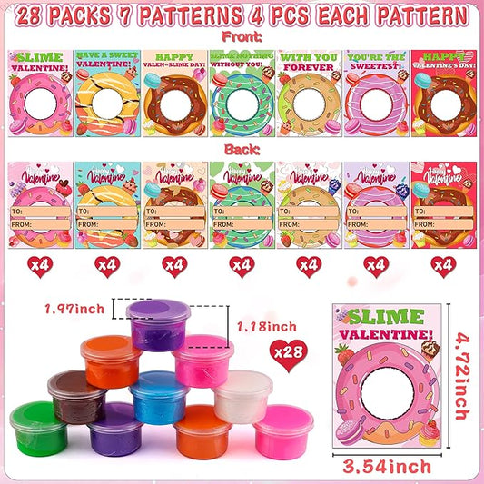 28 Pack Valentines Day Gifts for Kids Classroom, Butte Slime Kit Valentines Cards for Kids School Class Valentines Day Slime Fidget Toys Valentines Exchange Cards Valentines Party Favors Boys Girls