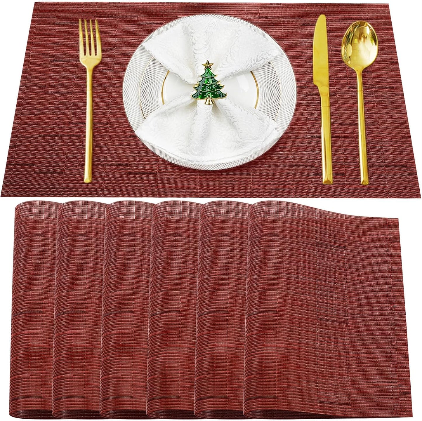 Placemats Set of 6,Washable,Heat and Stain Resistant Indoor/Outdoor Place mats,Vinyl Woven Non Slip Table Mats for Restaurant Table Protection,PVC Placemats(Red,6PCS)