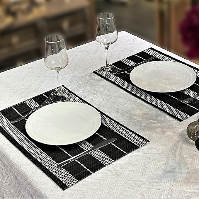ANDSTAR Set of 8 Pcs Bamboo Placemats Natural Anti-Slip Bamboo Placemats Washable Heat-Resistant Table Mats for Dining Room and Kitchen (Black+White)