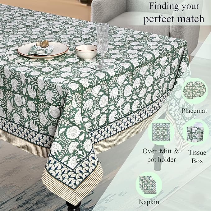 Ridhi Hand Block Print Turquoise Moss Green Rectangle Cotton Tablecloth 190" x 72" Reusable Table Cover Decorative Everyday Use for Dining, Farmhouse, Home Gift for Spring, Easter, Valentine