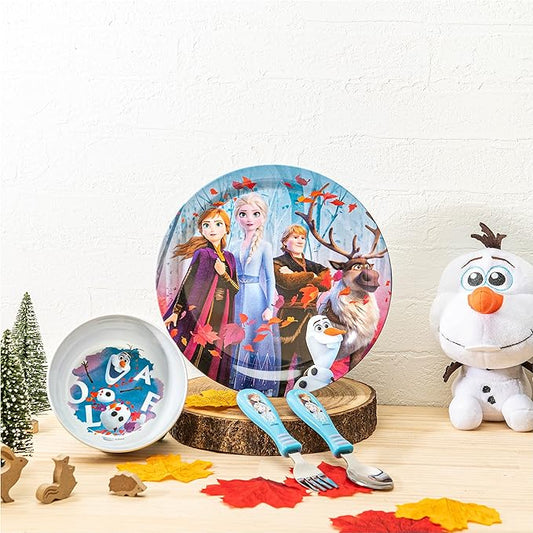 Zak Designs 5-Piece Dinnerware Set, Disney Frozen 2 - Durable Plastic & Stainless Steel - Includes Water Bottle, 8-Inch Plate, 6-Inch Bowl, Fork & Spoon - Suitable for Kids Ages 3+