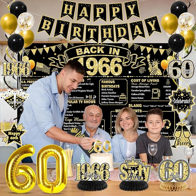 60th Birthday Decorations for Men, Black Gold Back in 1966 Party Supplies with Banner, Backdrop, Sash, Balloons, Cake Topper, Honeycomb Centerpieces, Happy 60th Birthday Decorations Kit
