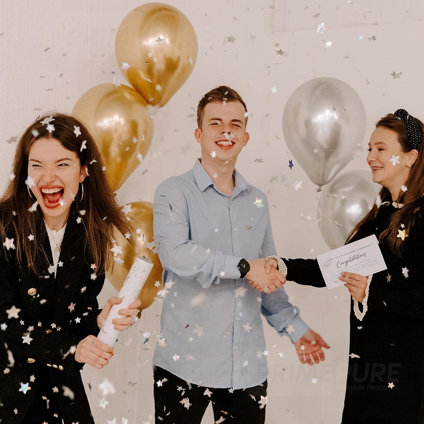 PrimePure Confetti Cannon Party Poppers - Holographic Silver Stars Confetti Popper & Streamer - 6 Pack - New Years Party Cannon Silver Glitter Star Pop Gun for NYE 2026, Birthday, Celebration, Pranks
