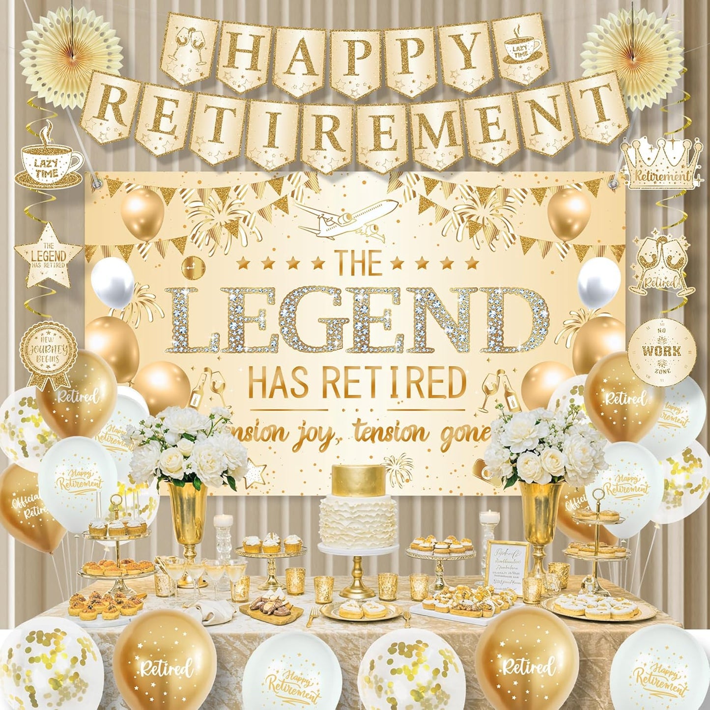 Roetyce Retirement Party Decorations Women, Champagne Gold Happy Retirement Banner Backdrop Balloons Hanging Swirls for Coworker, Gold Lengend Has Retired Sash & Crown, Office Retired Background