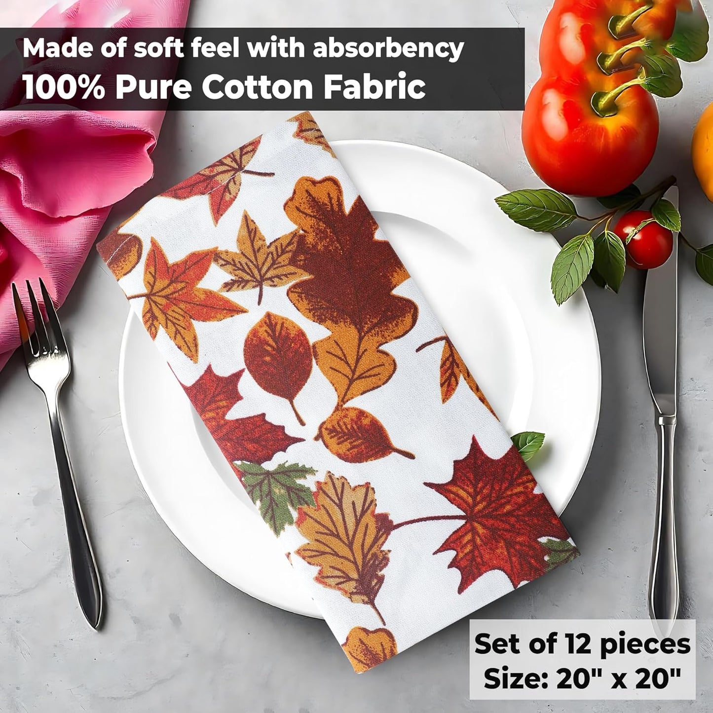Urban Villa Fall Cloth Napkins Harvest Leaves Print 100% Cotton Absorbent Dinner Napkins (Set of 12) 20x20 Inches Thanks Giving Soft Durable Washable Reusable Ideal for Everyday Use Wedding Parties