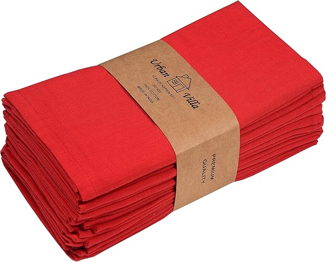 Urban Villa Cloth Napkins Set of 12 20x20 Inches 100% Cotton Napkins Cloth Washable Durable Reusable Absorbent Table Dinner Napkins Cloth for Christmas Parties Hotel Lunch Restaurant Weddings - Red