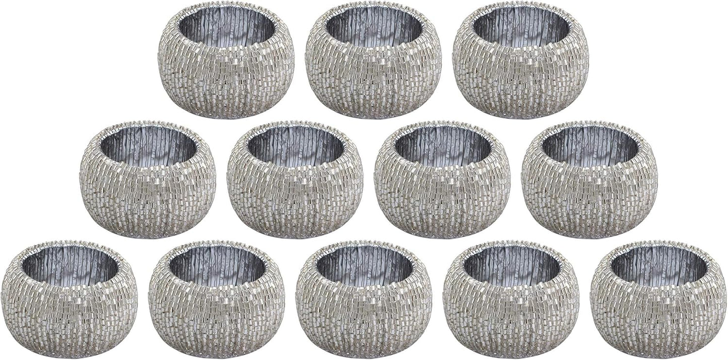 Lightnpro Beaded Napkin Ring Set of 12 - Elegant Decorative Napkin Holder for Dining Table Decor, Weddings, Banquets, Birthday Parties, Thanksgiving, Special Occasion, Holiday & Everyday Use - Silver