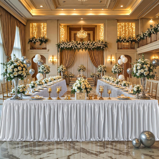 Wish Care 17ft Long Silver Satin Table Skirt for Rectangle Tables Wrinkle Free Glitter Desk Skirts Pleated Ruffle Table Cloth for Wedding Birthday Baby Shower Graduation Party Buffet Table Decorations