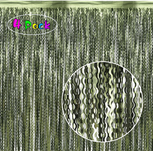 4 Pack Wavy Olive Green Streamers Backdrop Jungle Party Decorations - 3.3x6.6ft Foil Fringe Curtains Photo Booth for Dinosaur Animal St Patrick's Day Football Decor