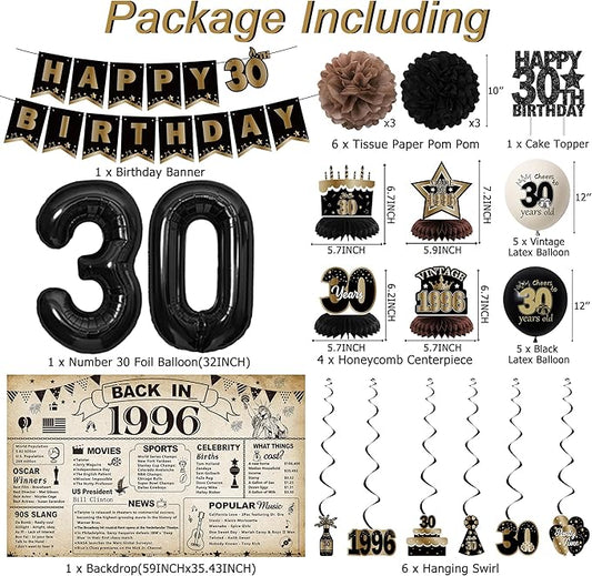 DARUNAXY 30th Birthday Party Decorations for Men Women, Vintage Back in 1996 Banner, Black 30 Number Balloons & Cake Topper, Vintage 1996 30 Birthday Honeycomb Hanging Swirl Confetti Balloons(30PC)