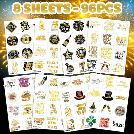 Happy New Year 2026 Temporary Tattoos Stickers – 96PCS Gold New Year’s Eve Party Favors, Decorations, Countdown Celebration Supplies, Holiday Festival Accessories Gifts for Kids and Adults