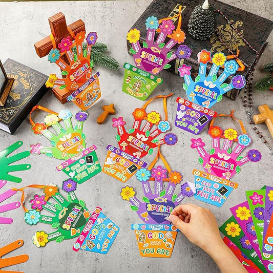 Frienda 48 Set Sunday School Craft Kit for Kids Spring Religious Flower Handprint Art Craft God Says You are Bible Prayer Sticker Ornament VBS Church Activity Gift for Mother's Day Teacher Day