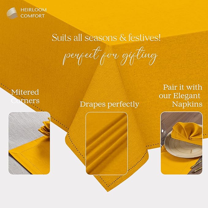 Mustard Yellow Cotton Tablecloth, Table Cloth 52x70 Inch, Fits 4-6 Seats, Soft, Durable, Washable, Wrinkle Resistant, Rectangle Table Cover for Dining, Summer, Festive Meals, Decor